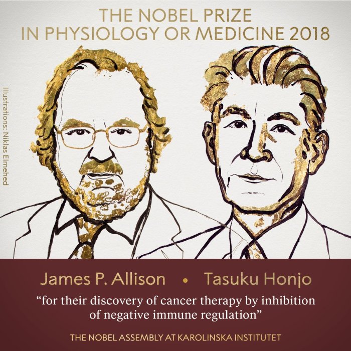 2018 चिकित्सा नोबेल कैंसर थेरपी विकसित करनेवाले जेम्स पी एलिसन(James P. Allison) और तासुकू होंजो (Tasuku Honjo) को